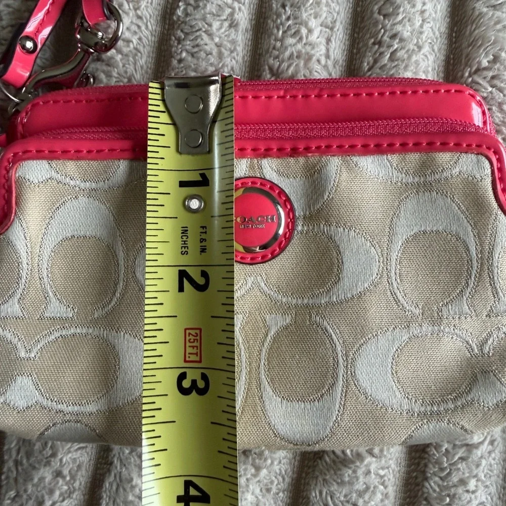 Coach Signature Jacquard Double Zip Wristlet Pink Patent Leather Trim Wallet